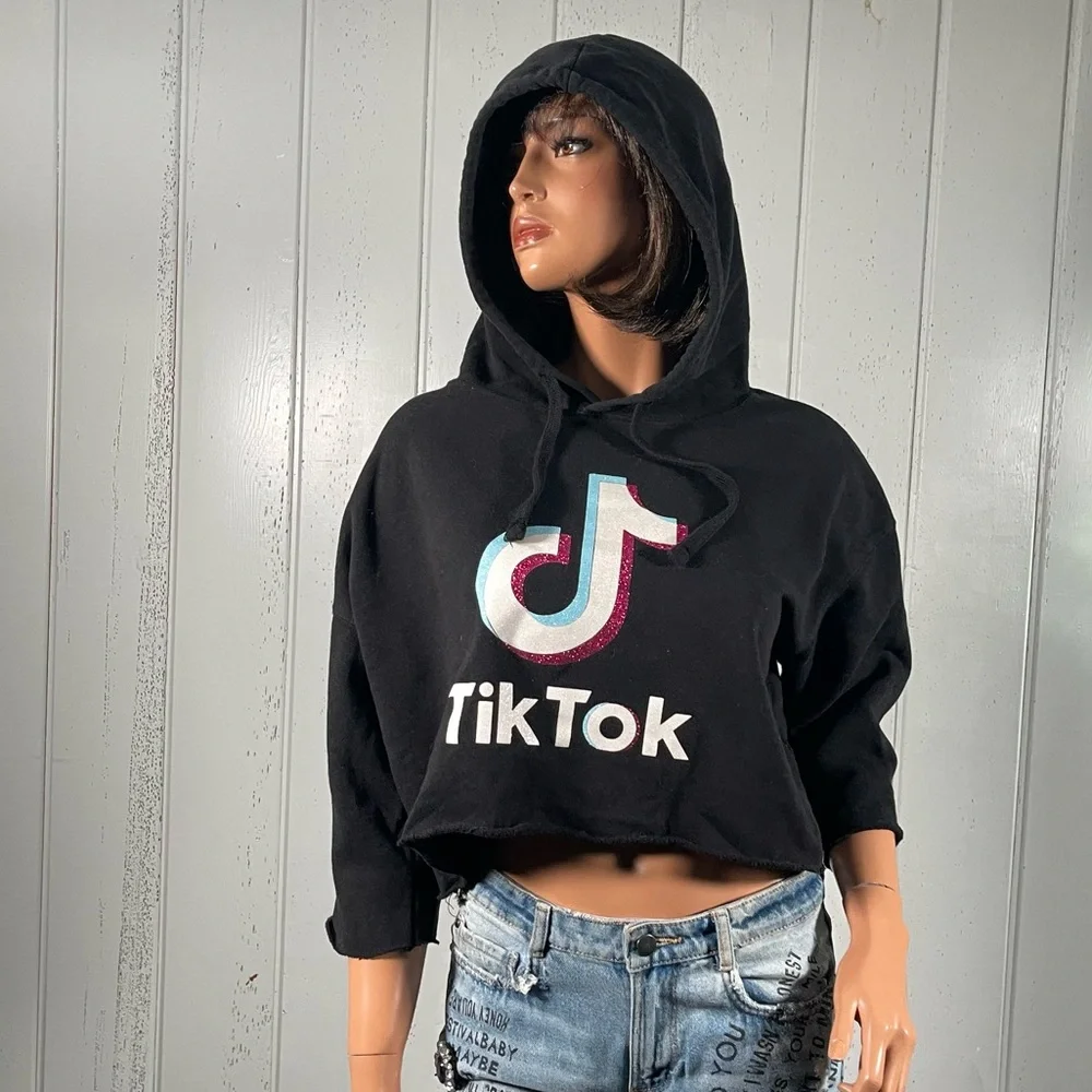 Tik Tok Women's Black Logo Cropped  Hoodie Short Sleeve Sz S